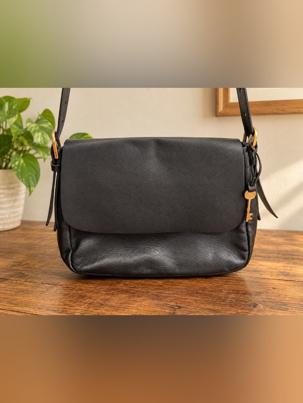 Fossil Black Genuine Leather Crossbody Shoulder Bag